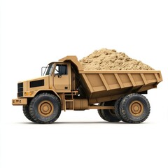 Obraz premium Dump Truck filled with sand isolated on white background. Dump Truck icon. Heavy Machinery. Construction Vehicle with sand. Dump Truck Design Element. Sand-filled Dump Truck isolated.