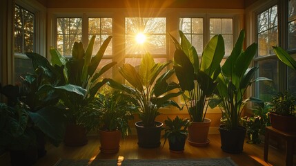 Dramatic sunrise illuminates large potted plants in a modern outdoor sunroom with floor-to-ceiling glass windows and door, showcasing a serene and natural indoor garden concept with warm morning light
