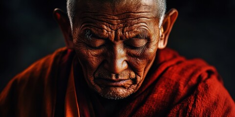 Elderly monk in deep reflection, showcasing wisdom and serenity during meditation in a quiet temple