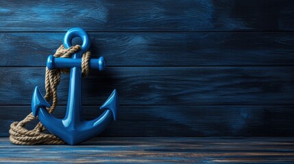 Glossy blue anchor with rope against wooden background