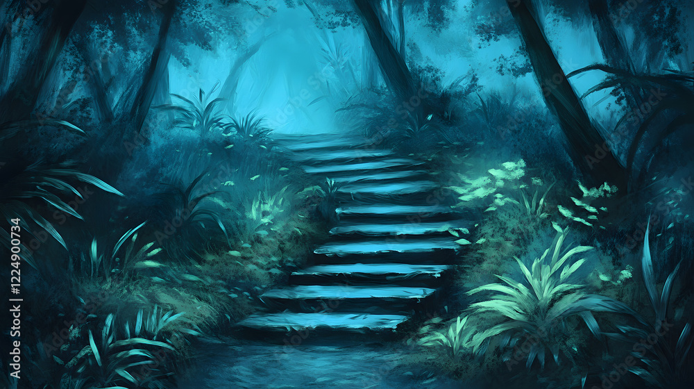Poster a mystical forest pathway illuminated by soft blue light, featuring steps leading deeper into the en
