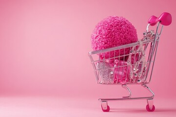 Playful Shopping Cart with Pink Textured Sphere on Soft Pink Background