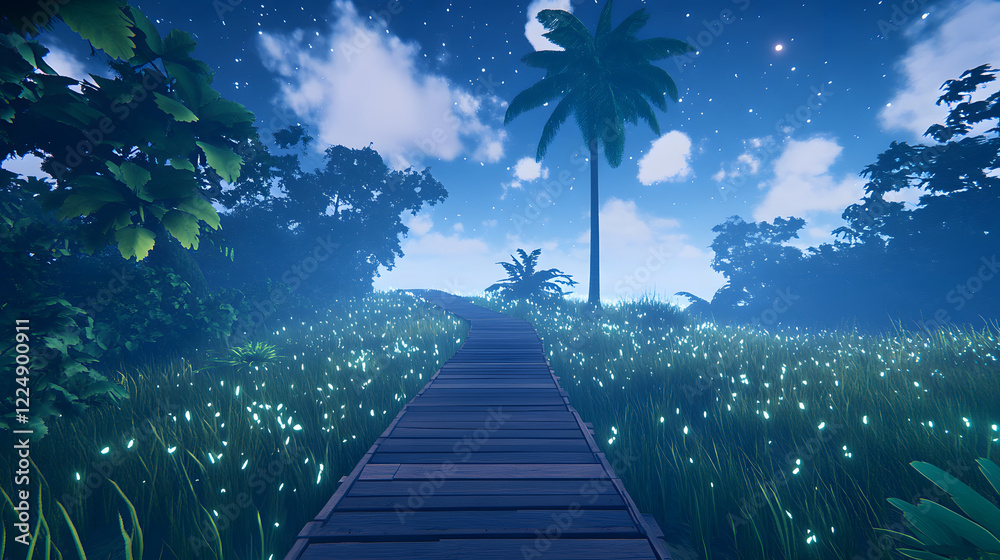 Poster a serene pathway through lush greenery under a starry sky, leading to a tranquil destination, surrou