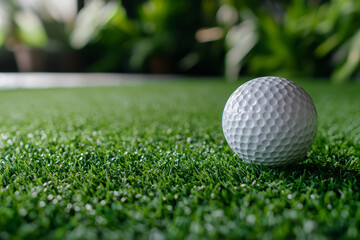 Obraz premium Golf ball resting on artificial grass in a serene indoor environment, showcasing a calm atmosphere perfect for practice sessions and games
