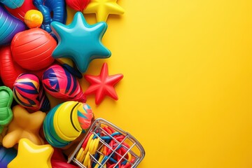 Obraz premium Colorful Playful Toys for Children on a Bright Yellow Background with Shopping Cart