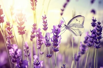 Butterfly on a Flower A monarch butterfly perched on a purple lavender flower under soft sunlight. 