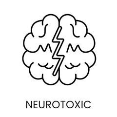 A brain icon in vector, divided by a lightning bolt with symmetrical curves, representing neurotoxicity and neural stress, with an editable stroke