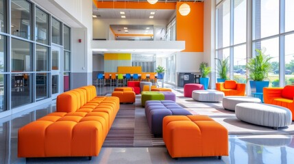 Brightly colored seating options create a vibrant lounge area designed for relaxation and collaboration in a contemporary building. Large windows allow ample sunlight to fill the space.