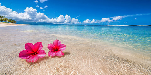 Tropical beach with pink hibiscus flowers on crystal clear shoreline