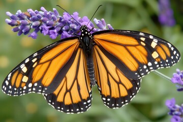Naklejka premium Butterfly on a Flower A monarch butterfly perched on a purple lavender flower under soft sunlight. 