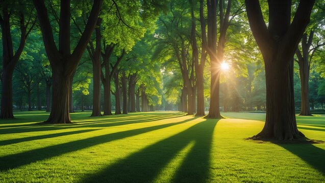Sunlit Path. avenue of tall trees casts long shadows across a lush green lawn as the sun filters through their leaves. The image evokes a sense of tranquility and peace