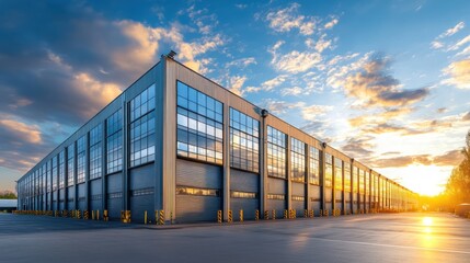 Fototapeta premium Modern warehouse at sunset.