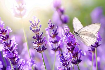 Butterfly on a Flower A monarch butterfly perched on a purple lavender flower under soft sunlight. 