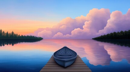 a peaceful riverbank at sunset, with a wooden dock, a small boat tied to it