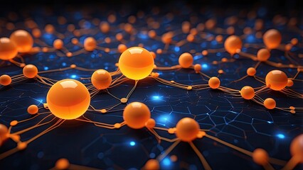 Abstract representation of a network depicted with interconnected orange human icons on a dark blue background