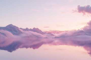 Fototapeta premium Ethereal misty mountain landscape with soft pink reflections