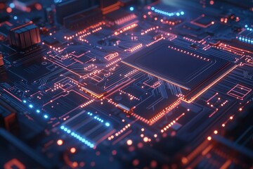 Obraz premium Motherboard microchips close up. Pan and zoom in video in motion of a chip with circuits, microelectronic circuits, chips, transistors, diodes, capacitors, resistors, semiconductors