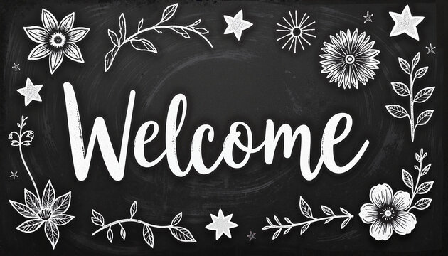 Welcome Chalk Art Design with Floral Elements on a Black Background