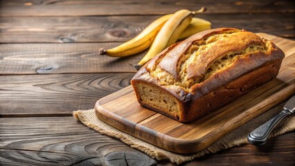 Fototapeta premium Moist banana bread loaf on a rustic wooden cutting board