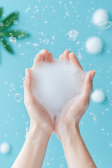 Fototapeta premium A hand is holding a large bubble of soap, with the bubbles surrounding the hand