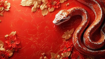 Obraz premium A Majestic Red And White Snake Gracefully Winds Through A Vibrant Red And Gold Floral Arrangement, Exuding Elegance And Mystery.