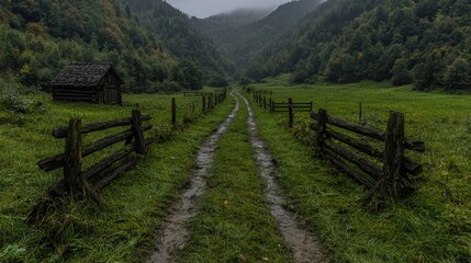 Fototapeta premium Muddy dirt road winds through a green mountain valley past wooden fences and a rustic cabin under an overcast sky.