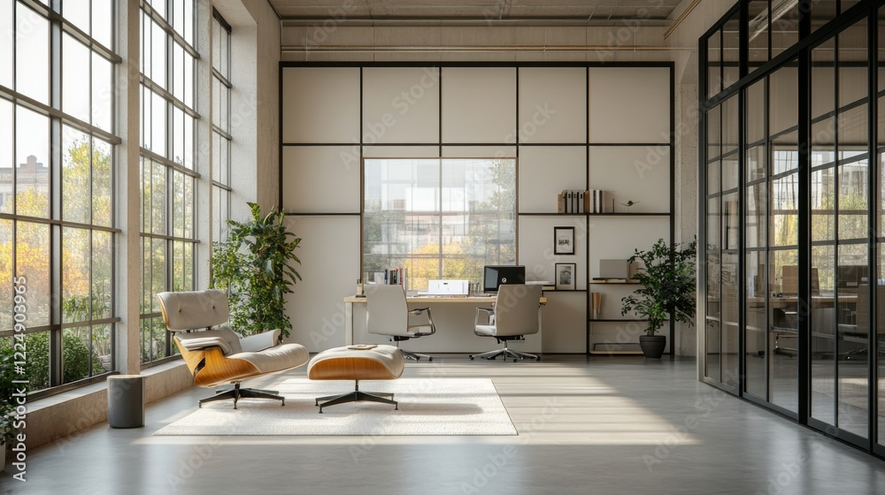Poster sunlight floods a spacious office featuring large windows, sleek furniture, and a calming seating ar