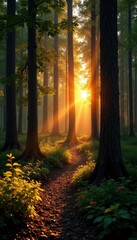 Fototapeta premium trees cast a warm shadow on the forest floor at sunset, forest, earthy tones