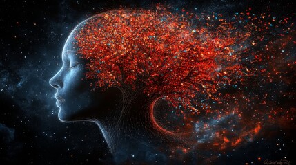 Human Head Silhouette with Tree Made of Stars, Concept of Knowledge, Nature, and the Universe