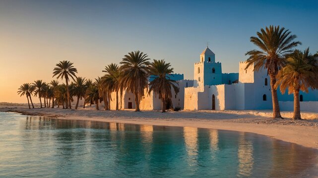 Tranquil view of Djerba's shoreline featuring palm trees and historic architecture at sunset