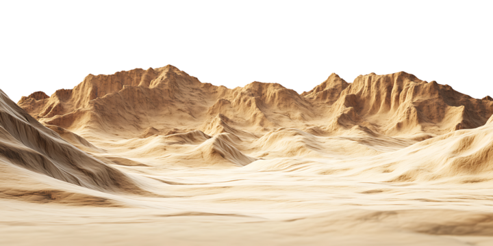 Panoramic view of a desert landscape with sand dunes and mountains.