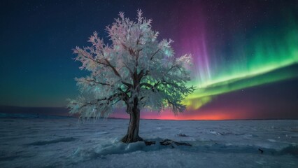 Aurora Borealis and Frost-Covered Tree: A lone, frost-covered tree stands silhouetted against a breathtaking display of the Northern Lights, painting the sky in vibrant hues of green, pink.