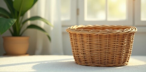 Fototapeta premium Empty wicker basket on a soft surface near a plant in sunlight