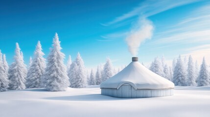 a traditional Yakutian yurt in the snow, surrounded by frost-covered pine trees
