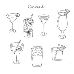 Cocktails set vector illustration, hand drawn doodles