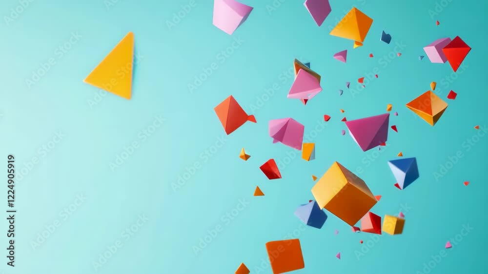 Aufkleber Many colorful geometric shapes such as pyramids and cubes are levitating on a turquoise background, creating an abstract and playful composition