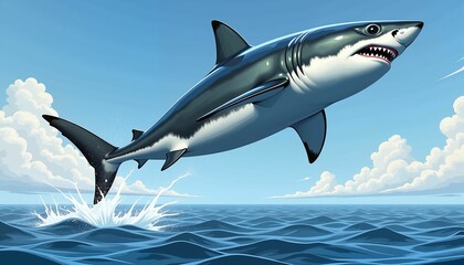Obraz premium Great white shark breaching above calm ocean at midday, dynamic nature