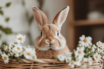 Obraz premium Cute brown rabbit surrounded by daisies in a cozy indoor setting during springtime