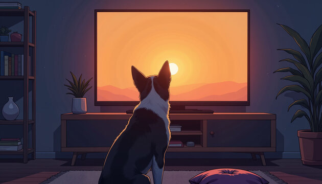 Dog watching sunset on glowing screen in cozy room, moments of wonder