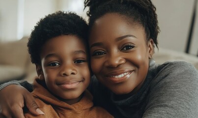 Joyful Afro American Mother and Son Bonding at Home, Warm Family Moment, Affectionate Smile, Loving Parenting, Happy Black Family, Cozy Home Setting, Emotional Connection, Family Love, Generative AI