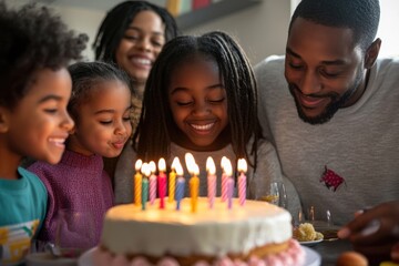 Family celebrating a joyous birthday gathering with a delicious cake cozy living room setting heartwarming moments close-up viewpoint of laughter and love