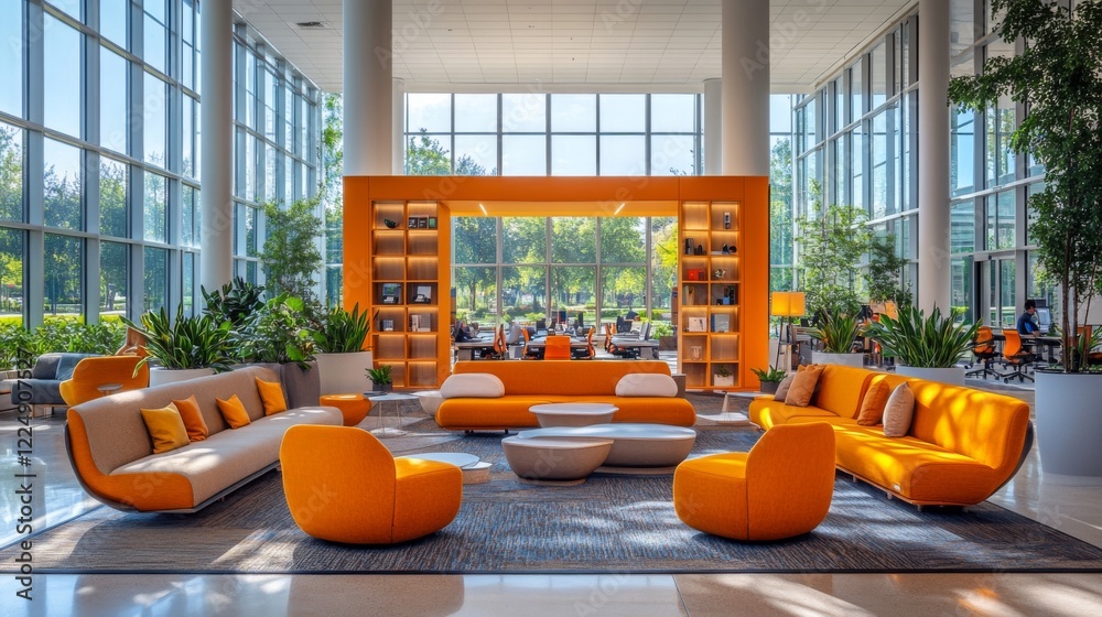 Aufkleber a stylish lounge showcases orange sofas and chairs, surrounded by greenery and large windows that fl