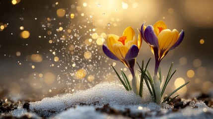Spring s First Bloom Vibrant Purple and Yellow Crocus Flowers Emerge from the Melting Snow