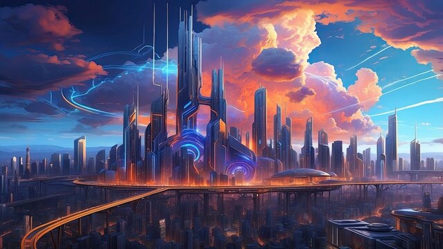 A digital illustration featuring a neon-lit cityscape with glowing lines forming a grid pattern.