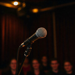 Mikrofon auf kleiner Clubbühne vor kleinem Publikum