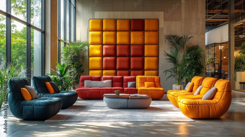Poster cozy lounge area with colorful seating arranged around a central coffee table. large windows allow n