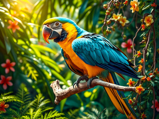 Obraz premium A brightly colored macaw parrot perched on a branch in a lush tropical forest