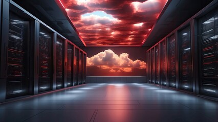 A modern server room filled with racks of networking equipment illuminated by blue LED lights