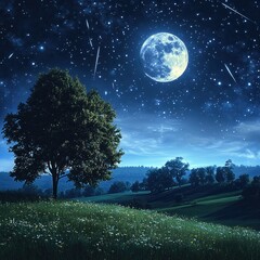 Night sky with full moon and shooting stars over a field of flowers and trees at night