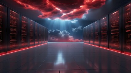 A modern server room filled with racks of networking equipment illuminated by blue LED lights